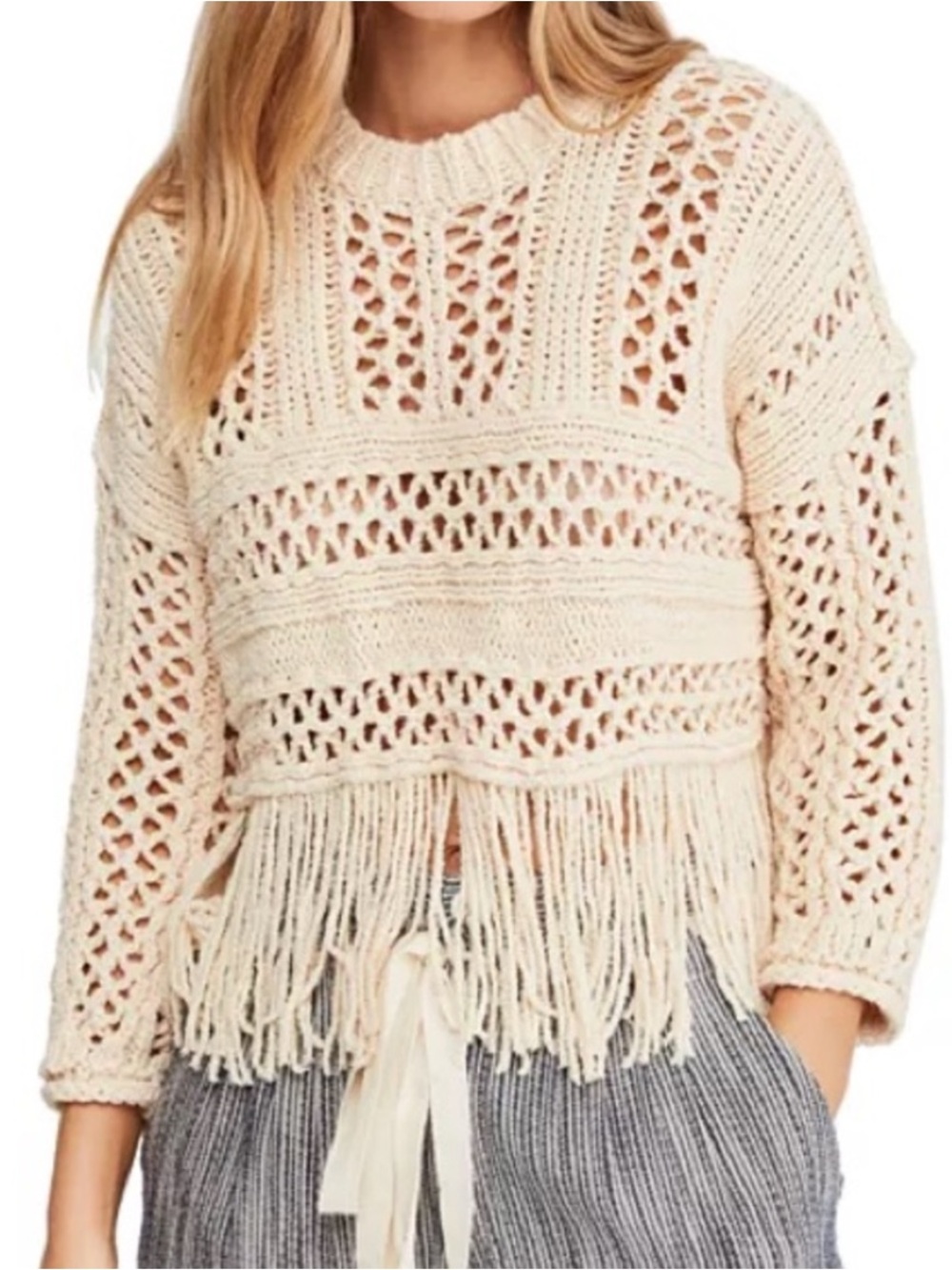 Free People "Higher Love" crochet fringe sweater